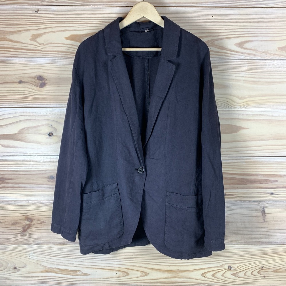 Free People Boyfriend Blazer Large Blue Oversized Linen Jacket Slouchy Prep - Picture 2 of 9